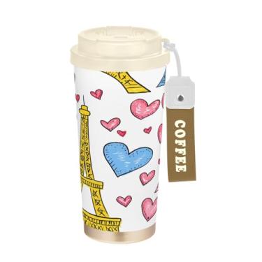 Imagem de STAYTOP Caneca de café com isolamento térmico Torre Eiffel com corações de 500 ml, copo de café reutilizável de aço inoxidável com tampa flip à prova de vazamento à prova de vazamento para escritório