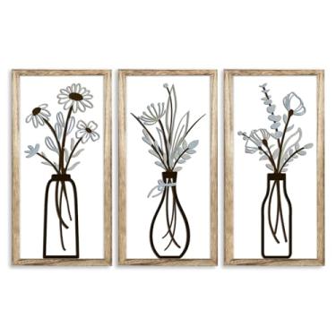 Imagem de Pigort 3 peças de arte de parede floral emoldurada de madeira - Arte de parede de flores de fazenda com tema natural para sala de estar quarto sala de jantar escritório 19 x 40 cm (azul)
