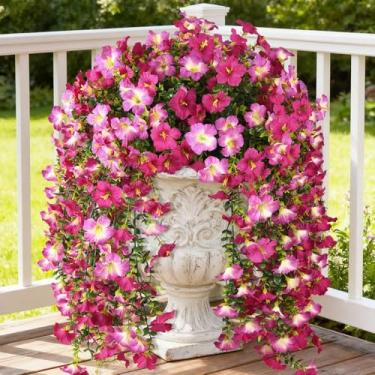 Imagem de Plantas artificiais de flores falsas para decoração de primavera ao ar livre, 2 peças de videiras longas de seda sintética glória matinal com folhas de eucalipto, resistente a UV, realista para