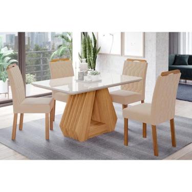 Imagem de Conjunto: Mesa de Cozinha Ágata c/ Tampo Madeirado c/ Vidro 130x80cm + 4 Cadeiras Paola Wood Cinamomo/Off White - Nature/Suede Nude Bege - Cimol