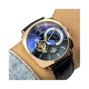 Imagem de Relógio Mecânico Retro Masculino Com Pulseira De Couro, Caixa De Liga,