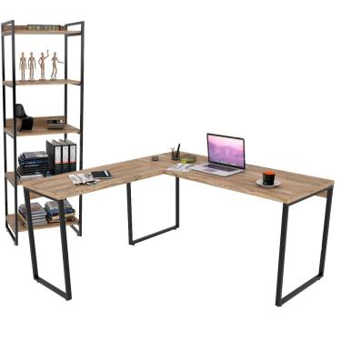 Imagem de Kit Mesa De Escritório Industrial em L com Estante 5 Prateleiras Form C01 150x150 Carvalho - Lyam Decor