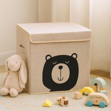 Imagem de Caixa Organizadora Infantil Brinquedos Linho Tampa Baú Okys, Ursinho