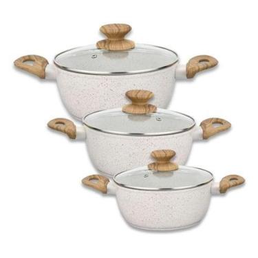 Imagem de Conjunto 3 Panelas Caçarola Indução Gás Vitrocerâmico Elétrico Bege Cr