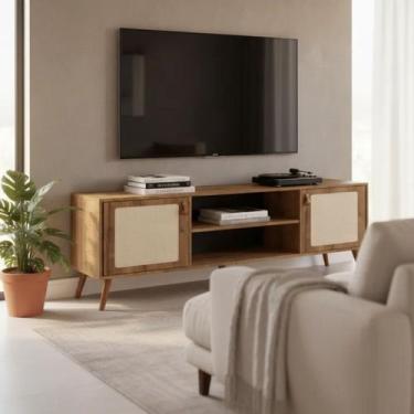 Imagem de Rack Para TV Com Pés De Madeira Tela Natural e Couro 160cm - Merk Move
