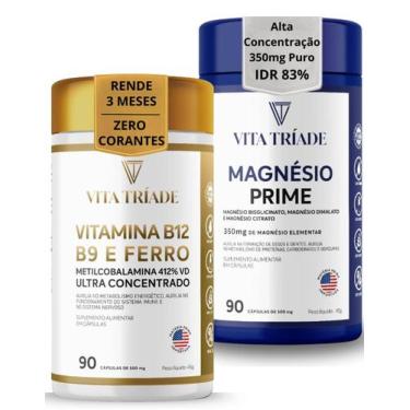 Imagem de Kit Vitamina B12, B9, Ferro  Magnésio Concentrado 350mg 3 em 1  90 Cáp