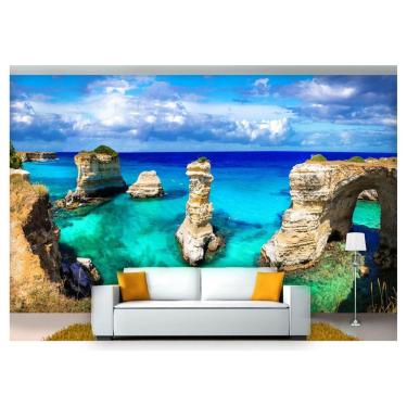 Imagem de Papel De Parede Praia Mar Azul Costa Rocha 3D  Npr234