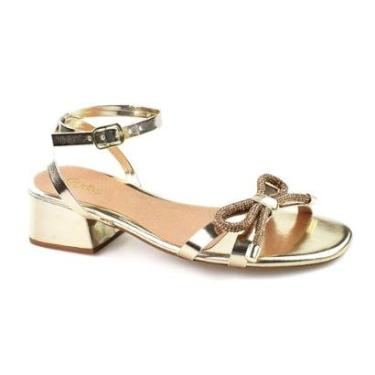 Imagem de Sandália Godiva Salto Bloco Baixo Laço Frontal Strass Feminina Dourada-Feminino