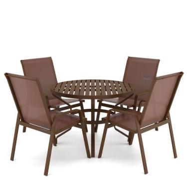 Imagem de Mesa 4 cadeiras Ripado Piscina Alumínio Marrom e Tela Marrom - Aluv Mó