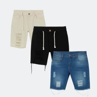 Imagem de Kit 3 Bermuda Jeans Masculina Destroyed com Elastano e Bolsos Funcionais-Masculino