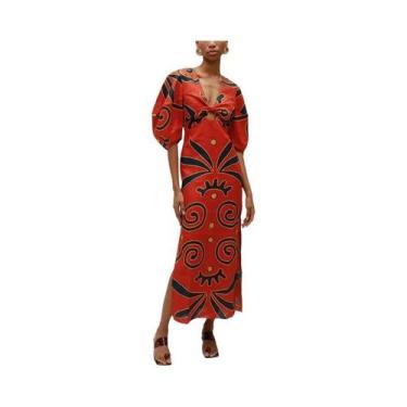 Imagem de Vestido Longo De Linho Feminino Para O Verão, Decote Em V, Estampado, 