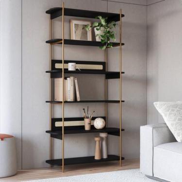 Imagem de Estante 180 cm 6 Prateleiras Palhinha Pé Metal Dourado Nero Preto - Ar