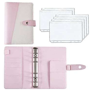 Imagem de Fichário A6 Planner Orçamento Caderno de Couro PU Folhas Soltas Capa de Caderno 6 Buracos Fichário Bolsos Fichário de Plástico Zíper Envelope, Emenda Rosa