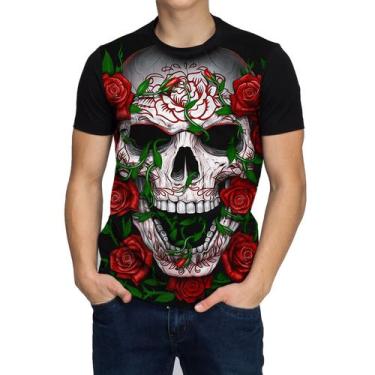 Imagem de Camiseta Camisa Masculina Caveira Skull Love Flores Floral Long Line -