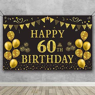 Imagem de Trgowaul 60º aniversário pano de fundo dourado e preto 5,9 x 3,6 pés Happy Birthday Party Decorations Banner para mulheres homens Fotografia materiais Fundo Feliz Aniversário Decoração
