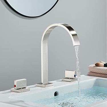 Imagem de Torneira de lavatório de banheiro dourada Torneira de lavatório com alça dupla Torneira de lavatório montada no convés Torneira de água quente e fria Torneira misturadora, níquel escovado