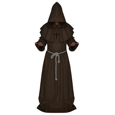 Imagem de BESTOYARD Roupão medieval com capuz para padre monge, fantasia de cosplay de Halloween para feiticeiro - tamanho M (café)
