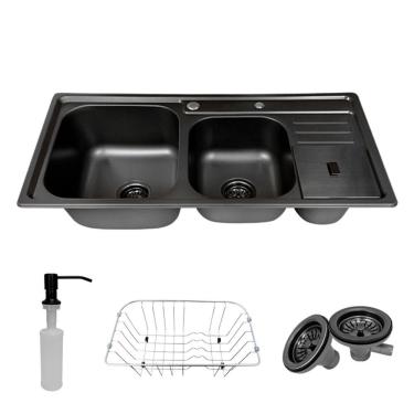 Imagem de Cuba Pia Dupla com Lixeira para Cozinha Gourmet na Cor Preta em Aço Inox 201 - Tubrax CBC0013-C