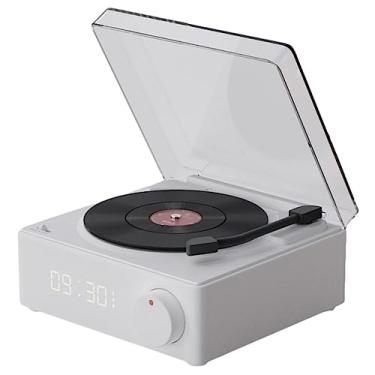Imagem de Alto-falante sem fio portátil, alto-falante despertador de disco de vinil giratório retrô, alto-falante externo com graves profundos, som estéreo de 360 ​​graus, alcance sem fio de 10M, adequado para escritório, caminhadas, praia, ao ar livre, acampamento (Branco)