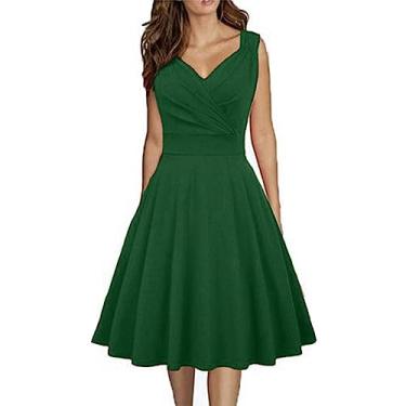 Imagem de Vestido feminino plus size liso sem mangas vestido midi decote V rodado vestido de cor sólida sem mangas alto baixo, Verde, XXG