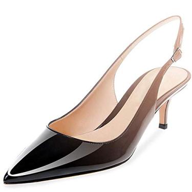Imagem de Fericzot Sapatos femininos de salto gatinho salto fino bico fino sandália tira no tornozelo festa noite casamento stiletto sapatos, Nude preto - patente, 7.5