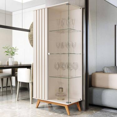 Imagem de Cristaleira Com Lateral e Porta Ripada JB Açaí Vidro Temp 4mm e Pés e Travessas em Madeira Maciça Pérola