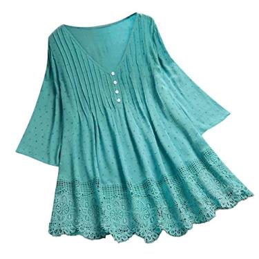Imagem de Blusas femininas de malha de renda para treino plus size manga curta Y2K blusas de algodão camisetas florais túnica formal, Verde, 3G