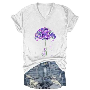 Imagem de Camisetas femininas de conscientização de Alzheimer 2024 roxo floral gráfico tops verão casual macio gola V manga curta blusas, Branco, G
