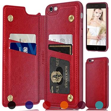 Imagem de XcaseBar Capa carteira para iPhone 6 Plus/6S Plus com bloqueio RFID][4 porta-cartões de crédito], capa protetora de couro PU para celular feminina masculina para Apple 6Plus capa carteira vermelha