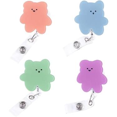 Imagem de 4 peças de porta-crachá de ursinhos fofos, carretel retrátil de acrílico, molinete de crachá decorativo com prendedor com porta-cartões de identificação para enfermeiras, professores, estudantes