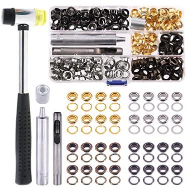 Imagem de Keadic 200 conjuntos de ilhós espessos de 8 mm 5/40.6 cm com 4 peças de ferramentas de instalação, kit sortido de bronze, prata, ouro, arma preta, ilhós, ilhós, para roupas de couro DIY, bolsas de