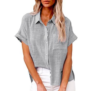 Imagem de Camiseta feminina de linho de manga curta com bolso, gola V, botões, cor sólida, caimento solto, túnica de verão, Cinza, 4G