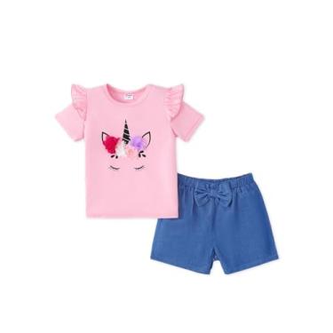 Imagem de PATPAT Conjunto de shorts de verão para meninas, camiseta de manga curta, chiffon 3D, roupas florais 2-6 anos, Rosa macio, 4-5 Anos