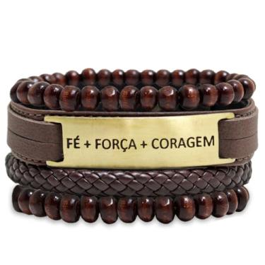 Imagem de GRANADO ACESSÓRIOS, Pulseira de Couro Kit 04 FÉ FORÇA CORAGEM Marrom com Fecho Strap Plug e Pulseiras Esferas Madeira Ajustáveis - AM