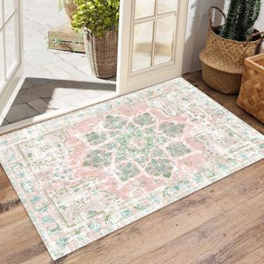 Imagem de Vhong Boho Area Rugs Vintage Lavável Neutro Moderno Rosa e Verde Antiderrapante 2x3 Tapete Pequeno Antiderrapante para Corredor Banheiro Entrada Quarto Meninas