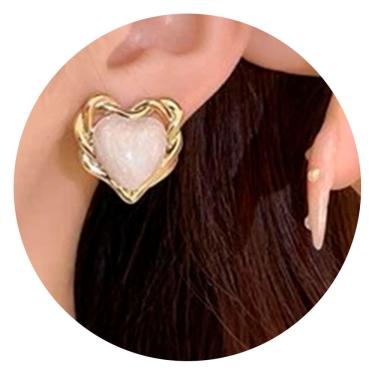Imagem de Brincos Feminino Coração Branco e Dourado Festas Luxo