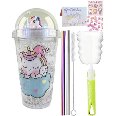 Imagem de seelucky Copo de viagem de unicórnio com canudo brilhante copo de gelo freezer caneca copo de plástico piquenique festa presente de aniversário (unicórnio sereia 1, 450)