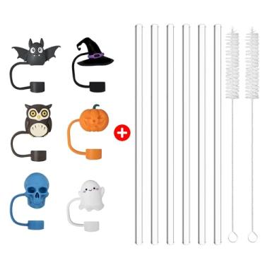Imagem de 6 canudos de vidro reutilizáveis com tampa para copo Stanley, canudos tamanho 11,8 pol. x 10 mm com 2 escovas de limpeza, cobertura de palha de silicone Hallowmas