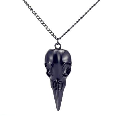Imagem de Colar com pingente de caveira de corvo, banhado a ouro, prata, gótico, punk, 3D, preto, cabeça de corvo, animal, pássaro, esqueleto, viking, para homens, mulheres, gótico, Halloween, cosplay, festa,