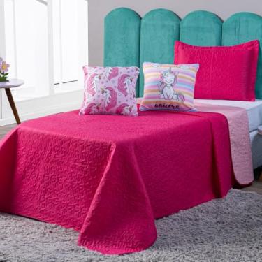 Imagem de Kit Cobre Leito Colcha CASAL PADRÃO 05 Peças Unicórnio Listrado Pink/Rosa Dupla Face com Almofadas Estampadas - Jogo Conjunto Roupa de Cama Infantil Menina