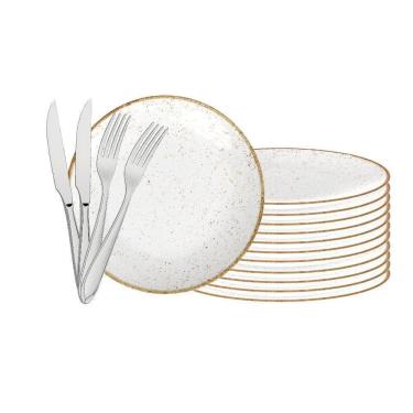Imagem de Jogo De Pratos Rústico 12pç Porcelana 28cm Com Talheres Laguna Tramontina