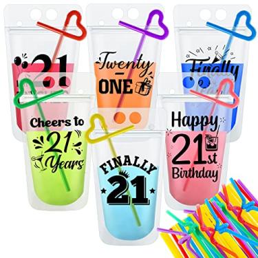 Imagem de Hotop Conjunto de 24 copos de saquinho de bebida Happy 21st Birthday com canudos para alegrar até 21 anos sacos de plástico para sucos de bebidas recicláveis com zíper em pé para adultos e crianças brindes de festa