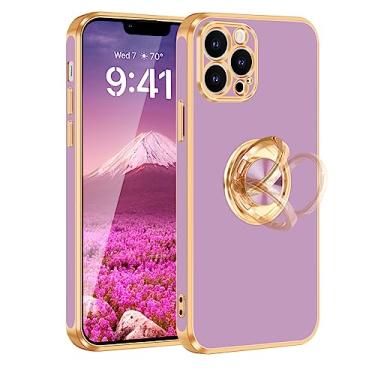 Imagem de Fingic Capa para iPhone 13 Pro Max, capa de telefone para iPhone 13 Pro Max com suporte de anel suporte magnético giratório de 360 °, revestimento brilhante, borda dourada, fina, macia, TPU à prova de choque, capa protetora para mulheres e homens, roxa
