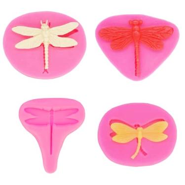 Imagem de Conjunto de 4 moldes de silicone para fondant de libélula com tema de inseto 3D para decoração de bolo de cupcake DIY, chocolate, doces, cubos de gelo, pasta de goma de cristal, sobremesas, sorvete
