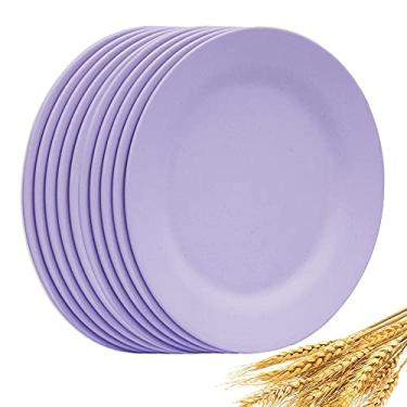Imagem de Conjunto de 10 pratos grandes de jantar de 28 cm, pratos de sobremesa de palha de trigo reutilizáveis, prato redondo de salada de macarrão, talheres de fibra infantil inquebráveis para festa e pizza (bege)