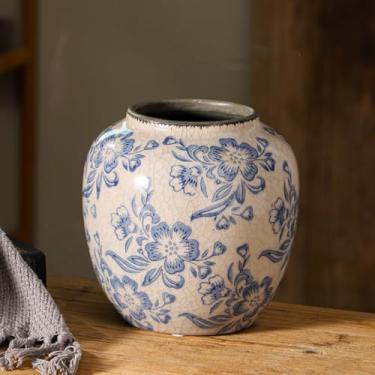 Imagem de Smiletag Vaso de Cerâmica Azul e Branco, Vintage, Redondo, para Decoração de Casa, com Estampa Azul e Branco Francês, 19 cm L x 16,7 cm A