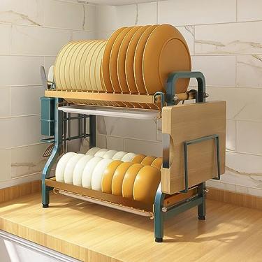 Imagem de Escorredor de pratos de cozinha 2/3 níveis escorredor de pratos para balcão de cozinha escorredores de pratos de metal com suporte de utensílios de copo de faca, organizador de cozinha de cor verde