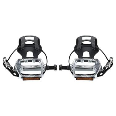 Imagem de X AUTOHAUX 1 par de pedais de bicicleta 12,7 mm plataforma de eixo de 1/5.1 cm com clipes de dedo do pé fixo, tira preta prateada