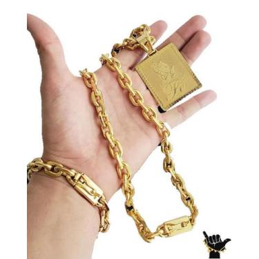 Imagem de Corrente Cadeado 12mm + Pulseira + Pingente - Banhado a Ouro - ToJoia1