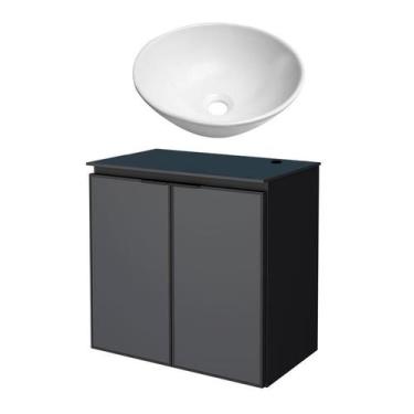 Imagem de Gabinete Para Banheiro Preto Aço Umbu Tampo Vidro Com Cuba Cuia Branca